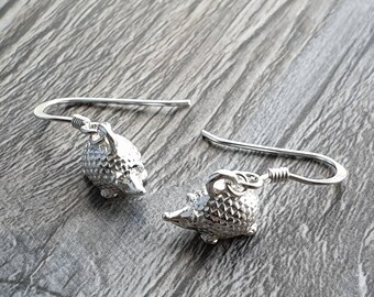 Sterling Silver hedgehog earrings, drop earrings, 3d animal, dainty
