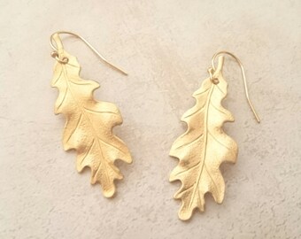 Gold Oak Leaf Earrings Dangle Earrings Leaf Earrings Woodland Nature