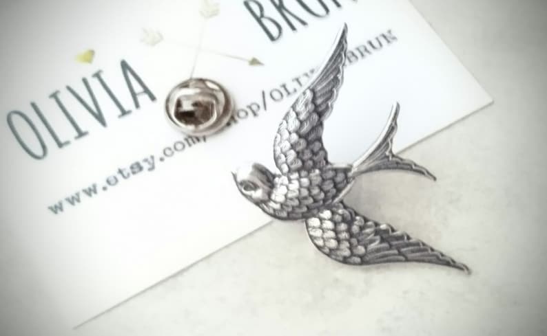 Silver Swallow Brooch Antique Silver Swallow Tie Tack Animal Brooch Silver Bird Lapel Pin Swallow Pin Silver Brooch Wedding Accessories