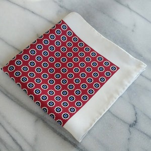 Silk Mens Pocket Square - Hand Rolled 100% Silk Ivory Pocket Square with Maroon, Black and Navy Geometric Design, Silk Pocket Square