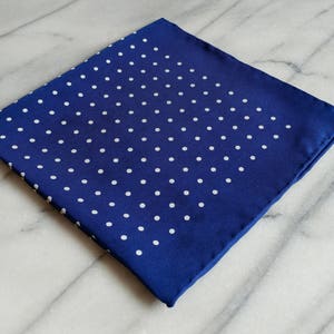 Silk Mens Pocket Square - Hand Rolled 100% Silk Navy Blue Pocket Square with White Polka Dots, Silk Pocket Square, Polka Dot Pocket Square