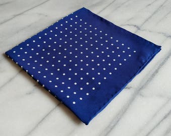 Silk Mens Pocket Square - Hand Rolled 100% Silk Navy Blue Pocket Square with White Polka Dots, Silk Pocket Square, Polka Dot Pocket Square