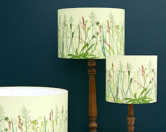 Sea Grass lamp shade; botanical print on drum lampshade; designed and made in UK; light green, apple, rose, teal, olive; table floor ceiling