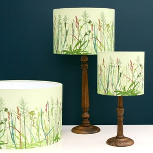 Sea Grass lamp shade; botanical print on drum lampshade; designed and made in UK; light green, apple, rose, teal, olive; table floor ceiling