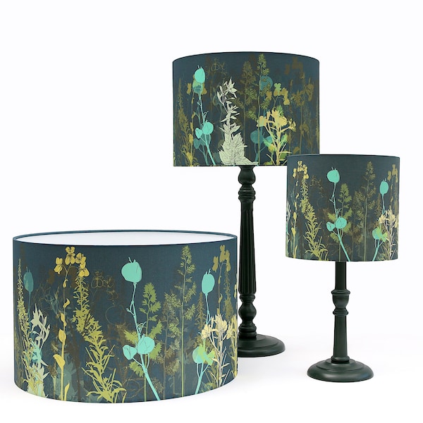 Botanical lampshade; various sizes; lamp shade dark ink blue green botanic decor statement light room lighting ceiling pendant table floor