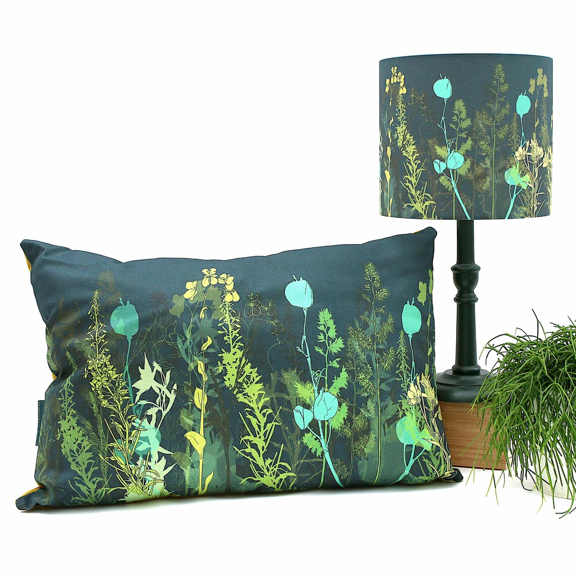 Botanical cushion dark green blue yellow rectangle linen Etsy