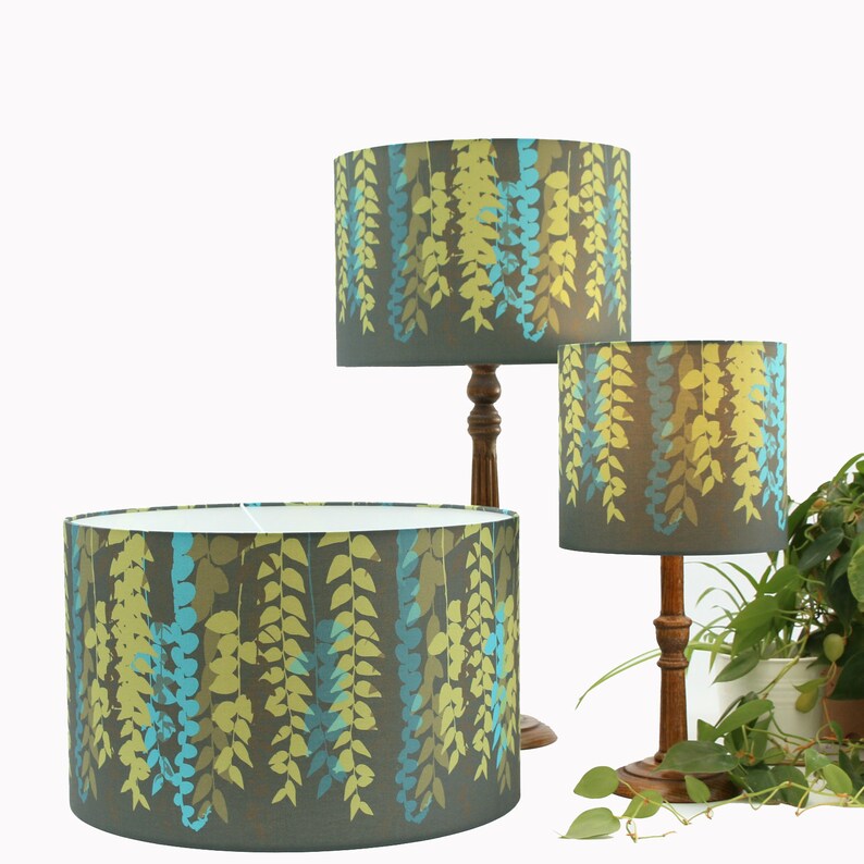 Trailing Vine Lampshade Dark Green Olive Blue Botanical Print Lamp Shade Various Sizes Uk Eu Fitting Table Floor Ceiling Light