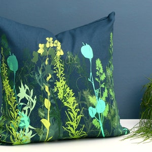 Botanical cushion dark; green, blue, yellow, 45cm square, 100% cotton, nature, flowers, leaves, leaf print, decor, sofa, cushions uk