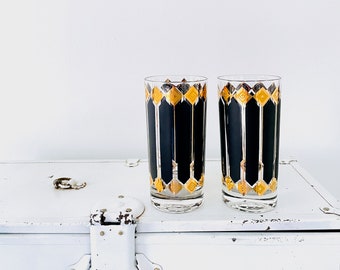 2 Black and Gold Fred Press Highball Glasses