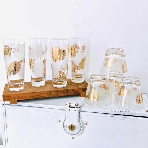 Instant Bar! 8-Piece Gold Leaves and White Frosted Cocktail Glass Set