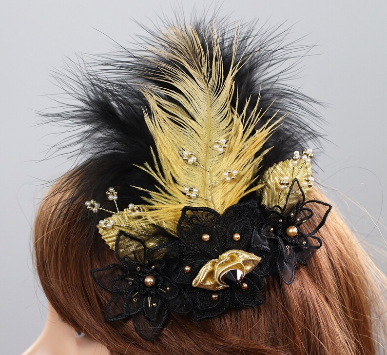 Great Gatsby Headpiece Feather Comb Hair Accessory Party Hair Clip Burlesque Hair Comb Pearls Comb Black Hair Comb Gold Comb