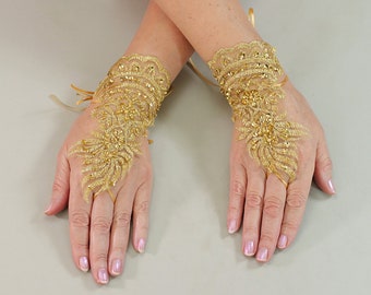 Gold Gloves, Wedding Gloves, Pearls Gloves, Beads Gloves, Lace Gloves, Bridal Gloves, Fingerless Gloves,Party Gloves, Flowers Gloves