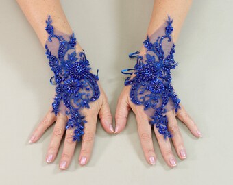 Gants de mariage bleu royal, gants de mariée, gants bleus, gants de perles, gants sans doigts, gants de dentelle de mariage, gants de fête, gants de fleurs