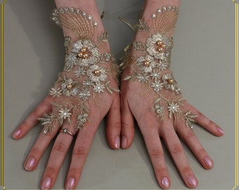 Gold Gloves, Pearls Gloves, Wedding Gloves, Swarovski Crystal Gloves, Fingerless Gloves, Bridal Gloves, Party Gloves,Flowers Gloves