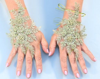 Pistachio Gloves, Wedding Gloves, Pearls Gloves, Beads Gloves, Lace Gloves, Bridal  Gloves, Party Gloves, Flowers Gloves