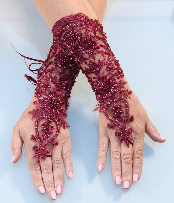 burgundy long gloves