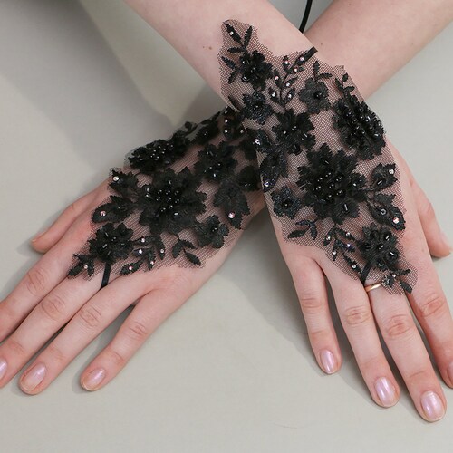 Black Gloves Wedding Gloves Swarovski Crystal Gloves Lace Etsy