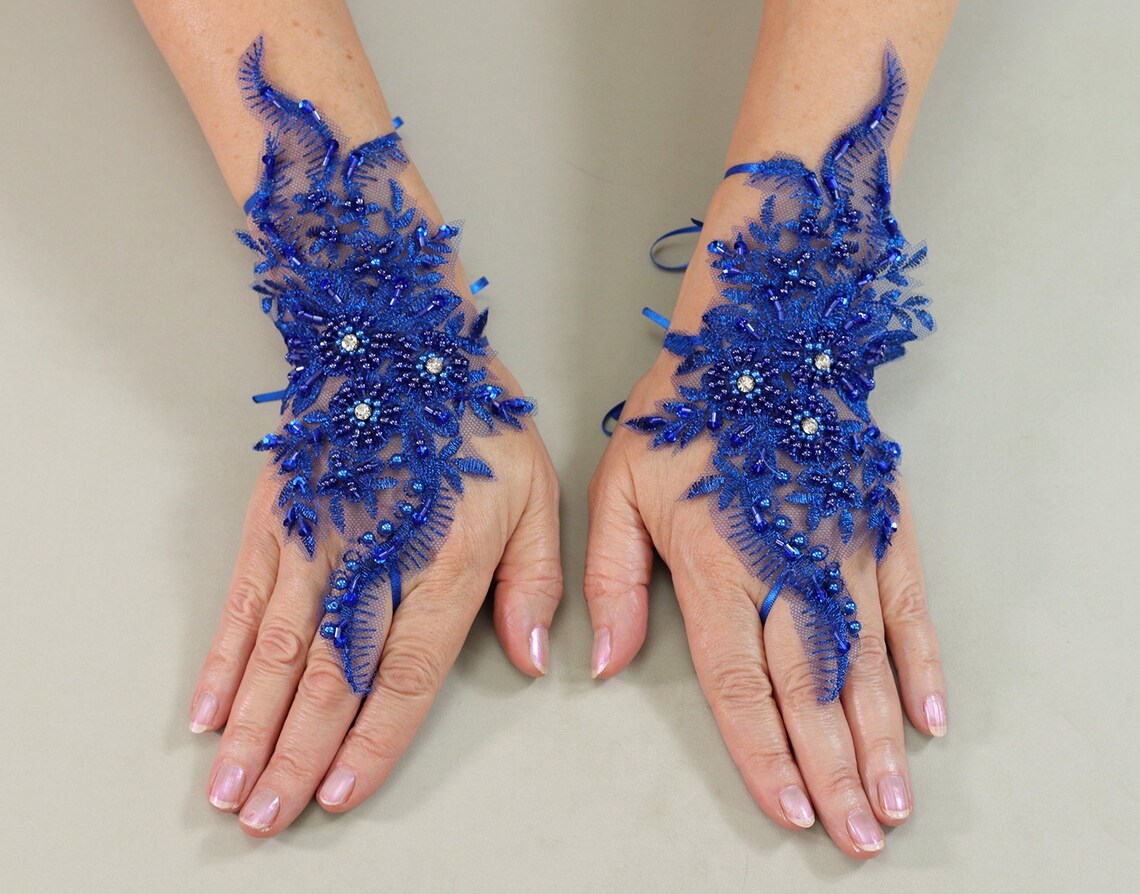 Royal Blue Wedding Gloves Bridal Gloves Lace Gloves Blue Etsy