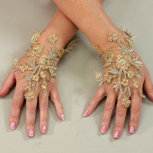 Gants dorés, Gants de mariage, Gants à paillettes, Gants à fleurs, Mitaines, Gants scintillants, Gants de mariée, Gants en dentelle, Gants de fête