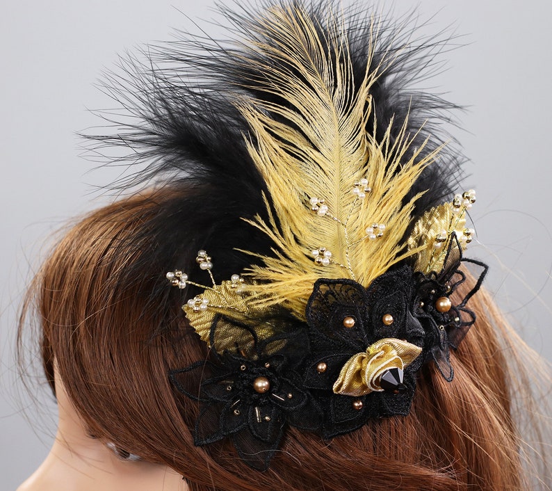 Great Gatsby Headpiece Feather Comb Hair Accessory Party Hair Clip Burlesque Hair Comb Pearls Comb Black Hair Comb Gold Comb