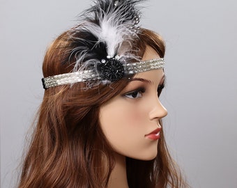 Great Gatsby Headpiece, Burlesque Headband, Lace Headband, 1920s Flapper Headpiece,  Feather Headband