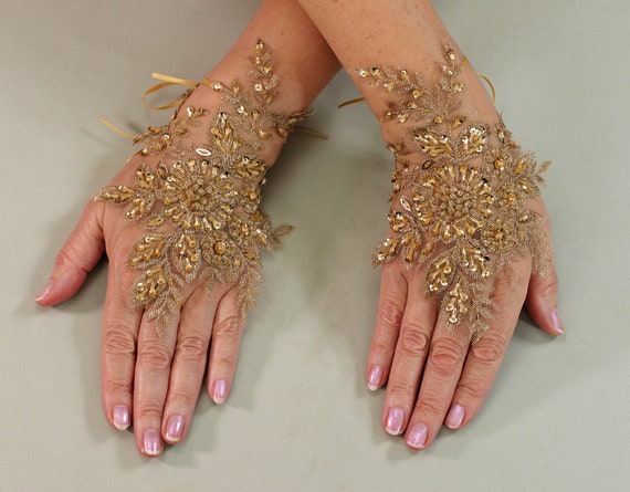 Gold Gloves Sequin Gloves Wedding Gloves Fingerless Gloves