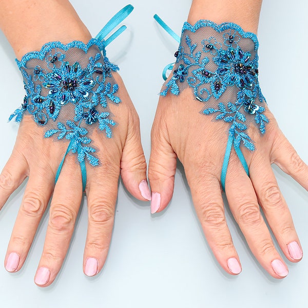 Gants turquoises, gants de perles, gants bleus, gants de mariage, gants en cristal, gants sans doigts, gants de mariée, gants de fête