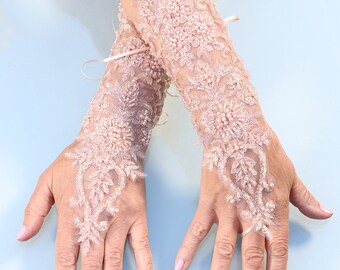 Peach Gloves, Bead Gloves, Pearls Gloves, Wedding Gloves, Long Gloves, Fingerless Gloves, Bridal Gloves, Party Gloves