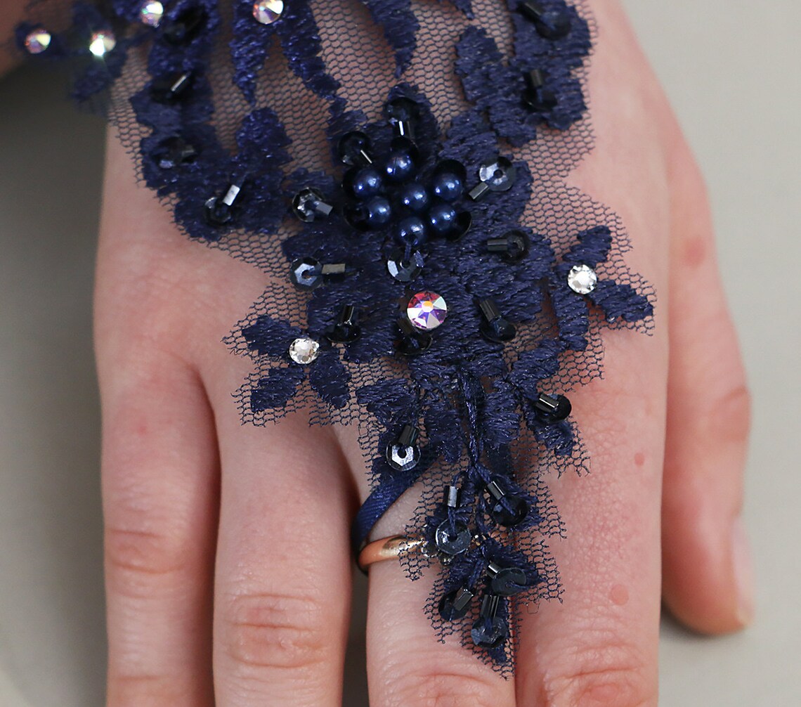 Navy Blue Gloves Navy Wedding Gloves Pearls Gloves Lace Etsy