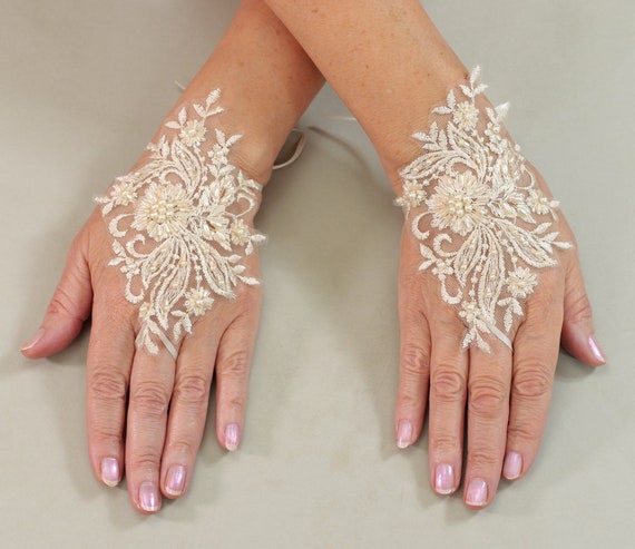 Light Champagne Wedding Gloves Pearls Gloves Bridal Gloves Lace