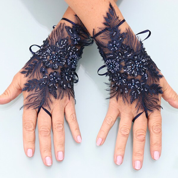 Navy Gloves, Wedding Gloves, Pearls Gloves, Crystals Gloves, Lace Gloves, Bridal Gloves, Fingerless Gloves, Party Gloves