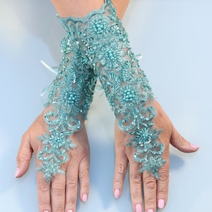 Green Blue Gloves, Long Gloves, Pearls Sequin Gloves, Lace Wedding Gloves, Fingerless Gloves, Party Gloves, Bridal Gloves,  Lace Gloves