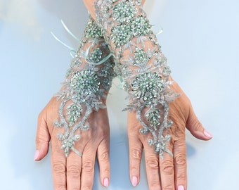 Mint Gloves, Beaded Pearls Gloves, Wedding Gloves, Long Gloves, Green Gloves, Fingerless Gloves, Bridal Gloves, Party Gloves,