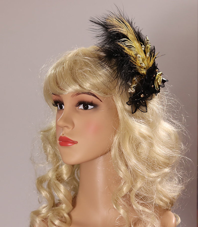 Great Gatsby Headpiece Feather Comb Hair Accessory Party Hair Clip Burlesque Hair Comb Pearls Comb Black Hair Comb Gold Comb