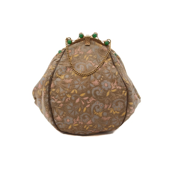 1930s Silk Brocade & Green Jade Colour Glass Bead… - image 1