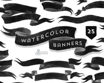 Watercolor Banners, ribbons Clipart: 25 Digital files. Black color palette. Handpainted, vintage, clip art, separate png, diy elements