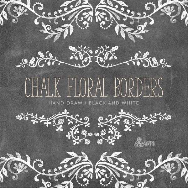 Chalk Floral Borders. 7 Digital Clipart. Hand draw, chalkboard, wedding elements, flowers, invitation diy, embellishment, ornamental.