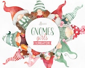 Gnomes Girls Creator. Watercolor holiday clipart, Nordic, Christmas, Winter, cards, nursery, art, Scandinavian, gnomies, fun, customize