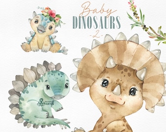 Baby Dinosaurs 2. Watercolor animals clipart, triceratops, Stegosaurus, nursery gallery, jurassic party, birthday clip art, baby-shower