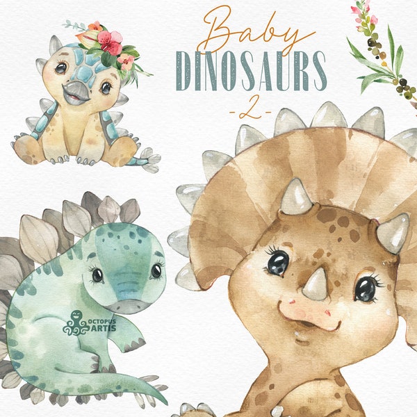 Baby Dinosaurs 2. Watercolor animals clipart, triceratops, Stegosaurus, nursery gallery, jurassic party, birthday clip art, baby-shower