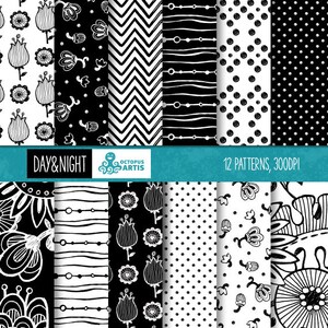 DAY and NIGHT: 12 B/W Flowers and ornaments Digital Papers. Patterns, paper crafts, scrapbooking.