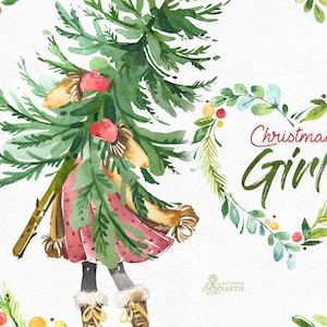 Fille de Noël. Aquarelle clipart de vacances, dame, vintage, couronnes de fleurs, cadeaux, sapin de Noël, cadres, noël, joyeux, houx, salutations