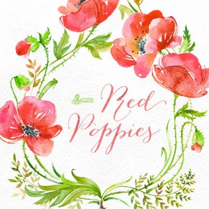 Red Poppies Frame. Handpainted watercolor poppy wreath, wedding invitation, floral frame clipart, greeting card, diy clip art, red flowers