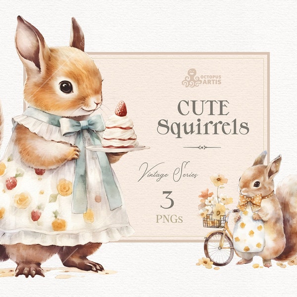 Cute Squirrels - Vintage. Animal clipart, Bouquets, Cake, Tea, bike, girl, birthday, pie, flowers, watercolor, nursery, png, baby shower