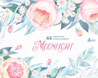 Moonlight: 46 Watercolor floral Elements, popies, roses, floral wedding invitation, greeting card, diy clip art, flowers, blue pink, clipart