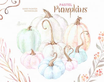 Pastel Pumpkins. Watercolor fall clipart, halloween, harvest, autumn, pink, teal, white, leaf, light, silver, colored pumpkin, bows