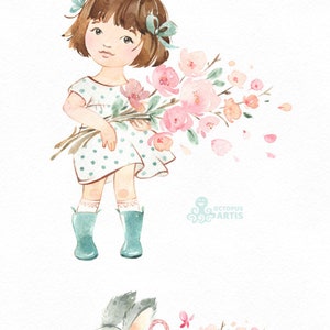 Little Spring. Mia & Bunny Watercolor clipart, girl, rabbit, banner kids flowers pink, delicate, baby shower, bouquet, cherry, sakura, boots imagem 2