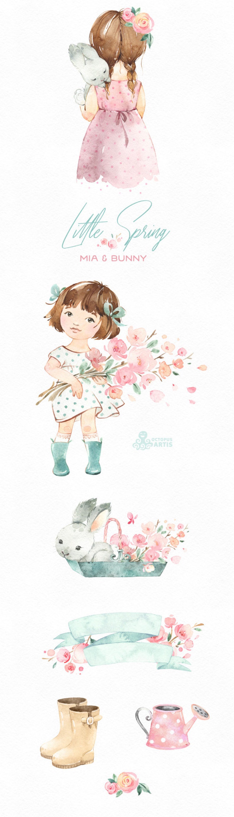 Little Spring. Mia & Bunny Watercolor clipart, girl, rabbit, banner kids flowers pink, delicate, baby shower, bouquet, cherry, sakura, boots imagem 2