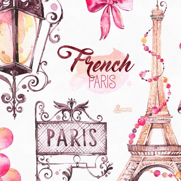 French Paris. Watercolor Clipart, shoes, fashion, bulldog, eiffel tower, france, baloons, arrow, bow, gift, glam, stickers, romantic, diy