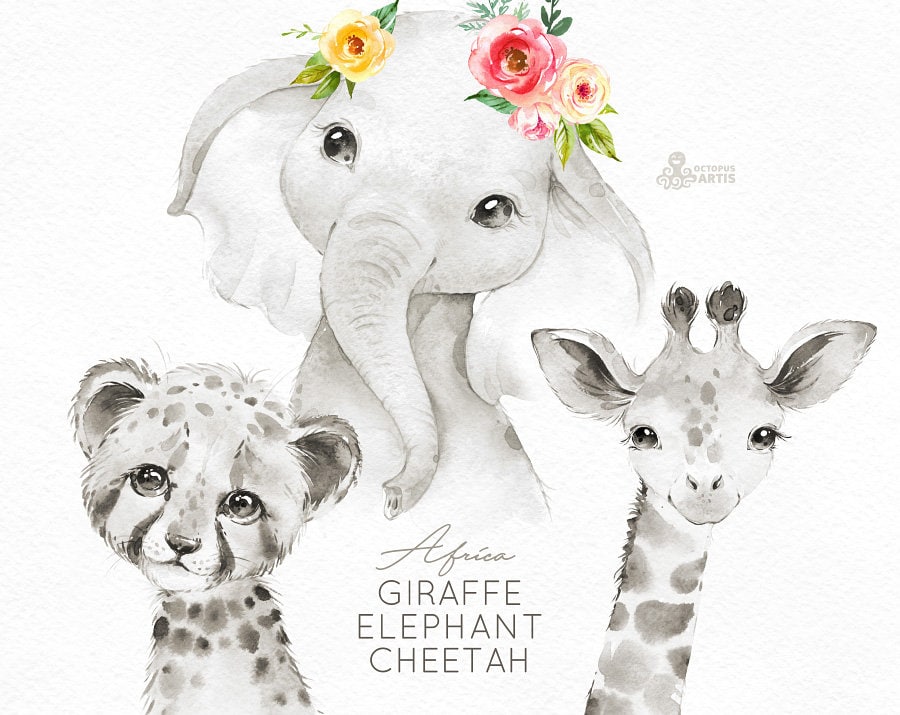 Schwarz Und Weiss Giraffe Elefant Gepard Kleine Tiere Clipart Etsy
